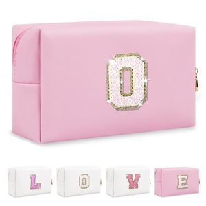 Small Personalized Initial A-z Patch Makeup Bag,pink Cute Pu Leather Glitter😚